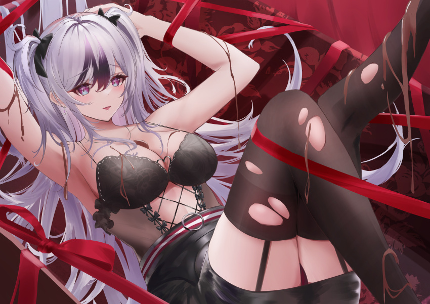 :d absurdres arms_behind_head arms_up azur_lane bare_shoulders belted_skirt black_bow black_bra black_hair black_skirt black_thighhighs blush bow bra breasts chocolate chocolate_on_body chocolate_on_breasts chocolate_on_legs cleavage commentary_request corset earrings elbe_(azur_lane) elbe_(pure-hearted_bad_girl)_(azur_lane) floral_print food_on_body garter_straps hair_bow highres jewelry kirisamede_gzr knees_together_feet_apart knees_up lace-trimmed_bra lace_trim leg_up long_hair lying midriff miniskirt multicolored_hair no_shirt o-ring_belt on_back outstretched_leg panties pantyhose pink_eyes red_panties skirt smile streaked_hair thighhighs torn_clothes torn_pantyhose two-tone_hair underwear upskirt valentine very_long_hair white_hair