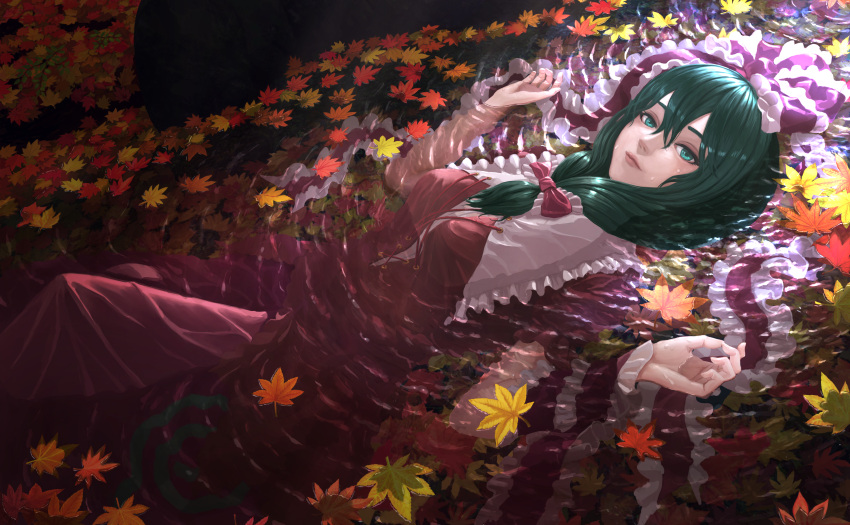 1girl absurdres afloat_leaves aqua_eyes autumn_leaves belph bow breasts cleavage commentary dress frilled_ribbon frills front_ponytail green_hair hair_bow highres kagiyama_hina leaf looking_at_viewer lying maple_leaf medium_breasts on_back ophelia_(painting) partially_submerged red_bow red_dress red_ribbon ribbon ripples solo touhou water
