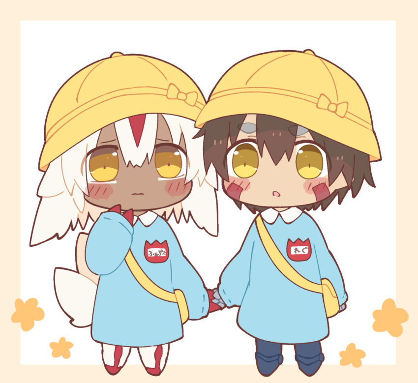 1boy 1girl ameamee69 bag bangs blue_dress blush brown_hair cape chibi child closed_mouth contemporary dark-skinned_female dark_skin dress facial_mark faputa female_child fewer_digits frown full_body hand_up hat hetero holding_hands kindergarten_bag kindergarten_uniform long_sleeves looking_at_viewer made_in_abyss male_child mechanical_arms mechanical_legs mismatched_eyebrows monster_girl multiple_tails regu_(made_in_abyss) school_hat short_hair standing tail white_background white_fur white_hair yellow_headwear