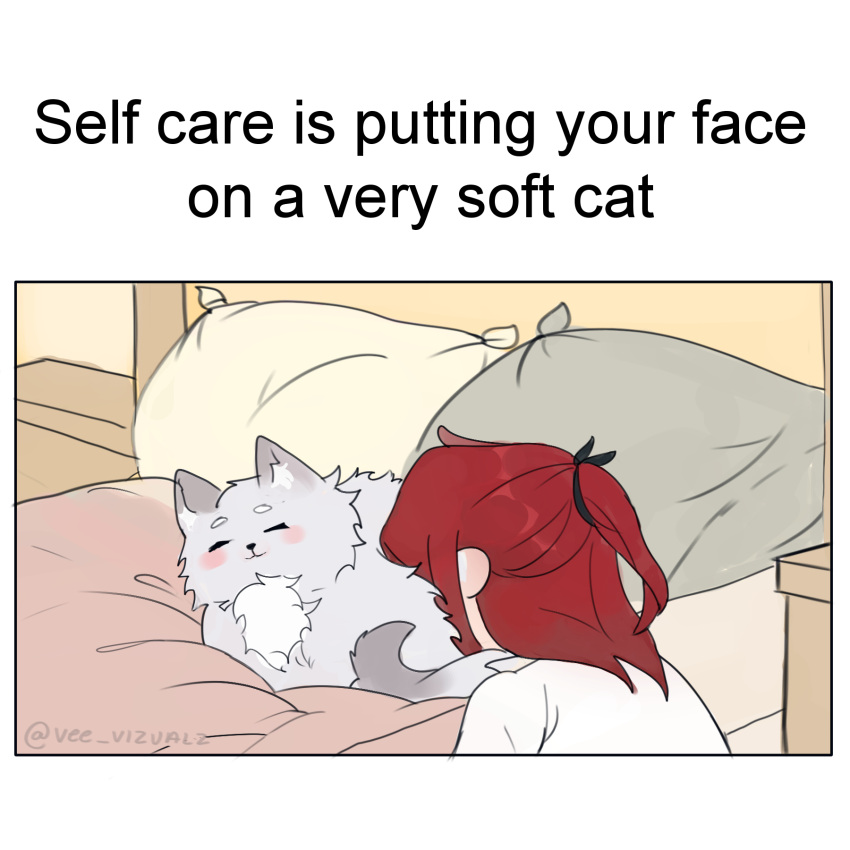 1boy animal bed cale_henituse cat closed_eyes closed_mouth commentary_request english_commentary english_text grey_cat half_updo highres long_hair lout_of_count's_family male_focus meme pillow red_hair shirt twitter_username vee_vizualz