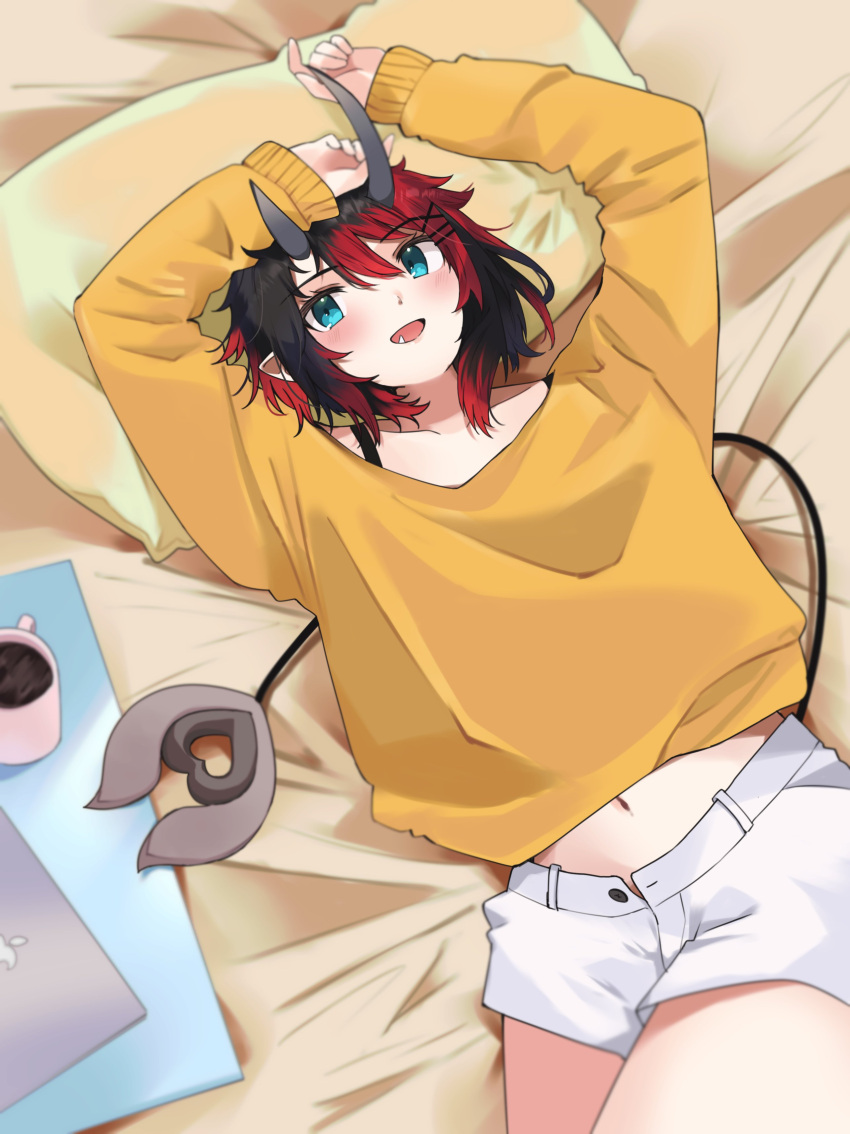 1girl 774_inc. absurdres alternate_costume arms_up bangs black_hair blue_eyes blush bra_strap breasts coffee coffee_cup commentary_request computer cowboy_shot cup demon_girl demon_horns demon_tail disposable_cup highres horns laptop long_sleeves looking_at_viewer lying midriff multicolored_hair navel on_back on_bed open_fly open_mouth pillow pointy_ears red_hair ryugasaki_rene shirt short_hair short_shorts shorts smile solo sugar_lyric tail two-tone_hair virtual_youtuber white_shorts yellow_shirt zono_(inokura_syuzo029)