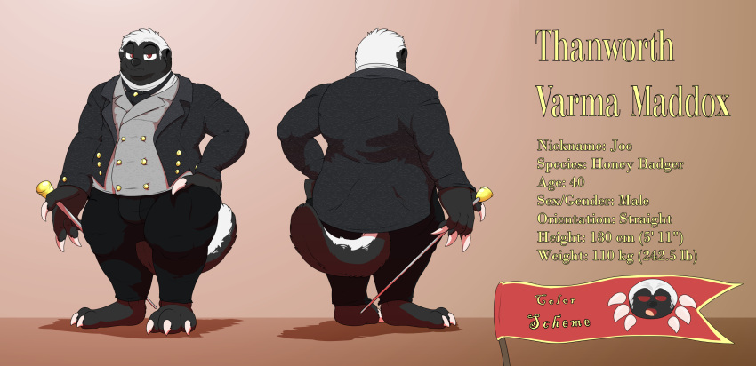 anthro arty_stu badger barefoot cane claws clothing feet hi_res honey_badger male mammal model_sheet mustelid musteline red_eyes solo suit thanworth_maddox toe_claws topwear vest