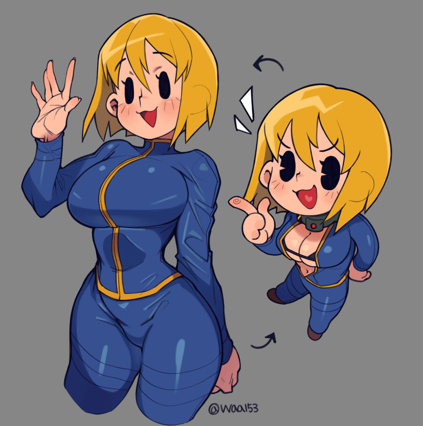 1girl black_bra black_eyes blonde_hair blush bra chibi comparison fallout_(series) full_body grey_background hand_on_hip hand_up highres open_clothes open_mouth short_hair simple_background smile tongue twitter_username underwear vault_girl waa153