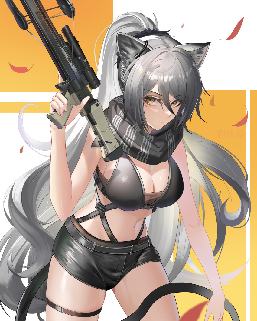 1girl absurdres animal_ears arknights bangs bare_arms bare_shoulders black_scarf black_shorts breasts cat_ears cat_tail cleavage commentary_request cowboy_shot crop_top crossbow grey_hair hair_between_eyes hand_up highres holding holding_crossbow holding_weapon large_breasts lingdu_han long_hair looking_at_viewer midriff navel ponytail scarf schwarz_(arknights) short_shorts shorts sleeveless solo standing stomach tail thigh_strap thighs very_long_hair weapon yellow_eyes