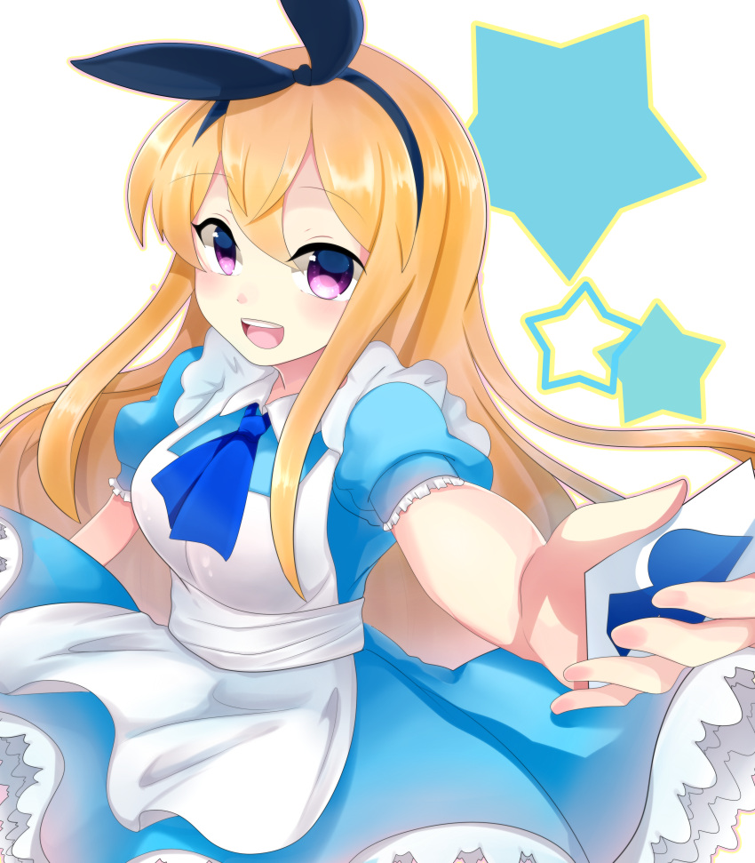 1girl absurdres alice_(alice_in_wonderland) alice_(alice_in_wonderland)_(cosplay) alice_in_wonderland apron black_hairband blue_dress chiyori_(soleilandiris) cosplay dress ensemble_girls! hairband highres hoshiumi_koyoi long_hair looking_at_viewer open_mouth orange_hair purple_eyes short_sleeves smile solo star_(symbol) white_apron white_background