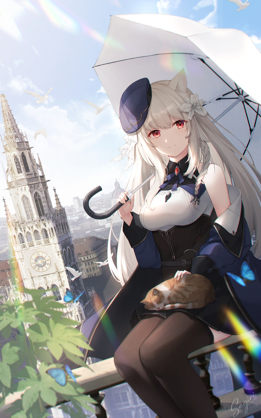 1girl absurdres animal_ears animal_on_lap bare_shoulders beret black_skirt blue_butterfly blue_coat blue_headwear braid breasts brown_thighhighs bug butterfly cat cat_on_lap cityscape clock clock_tower cloud coat commentary_request hat high-waist_skirt highres holding holding_umbrella long_hair long_sleeves looking_at_viewer medium_breasts on_lap open_clothes open_coat original outdoors red_eyes sagiri_(ulpha220) shirt side_braid signature sitting sitting_on_railing skirt sky smile thighhighs tower umbrella white_hair white_shirt