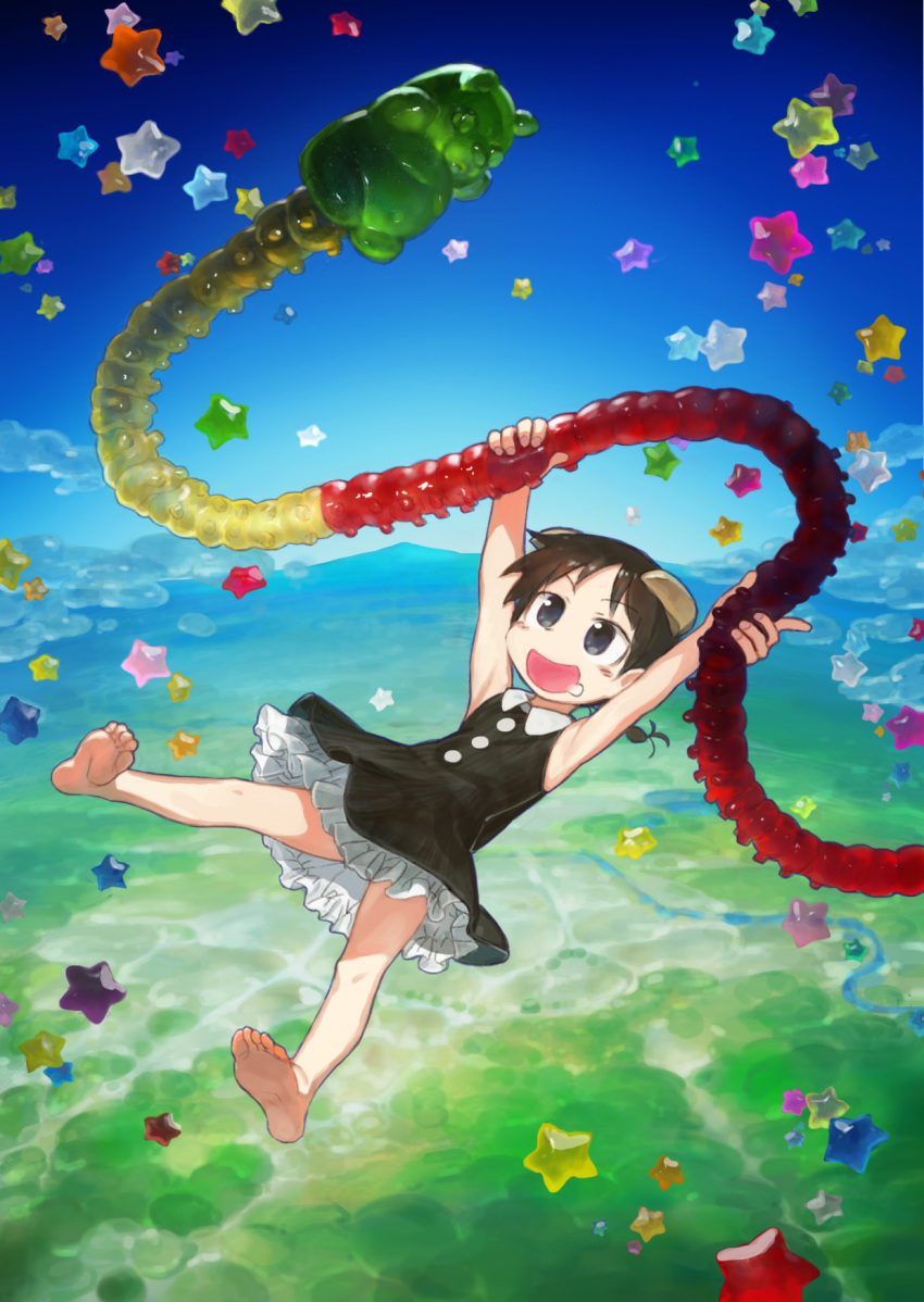 1girl akita_(akitaland_gothic) akitaland_gothic armpits arms_up bangs barefoot black_dress black_eyes black_hair blue_sky braid buttons candy collared_dress commentary day dress drooling falling_star field food frilled_dress frills gummy_bear gummy_worm highres holding holding_food horns light_blush looking_at_food low_twin_braids midair mountainous_horizon open_mouth outdoors oversized_food parted_bangs river shantotto-sama short_hair sky sleeveless sleeveless_dress smile solo star_(symbol) twin_braids v-shaped_eyebrows