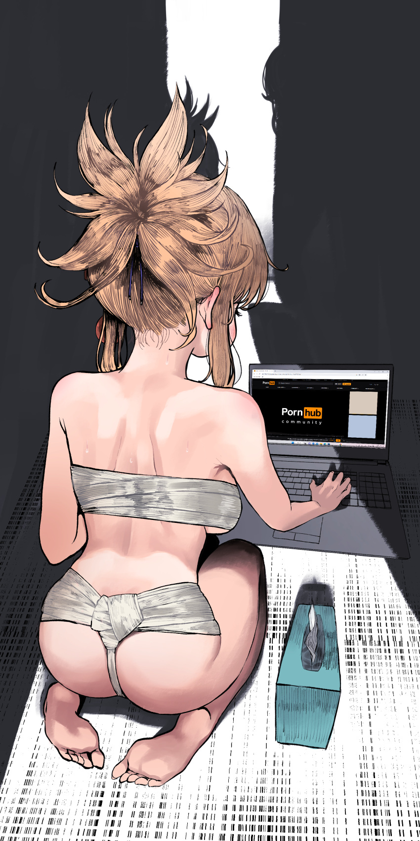 1girl 1other absurdres ass back barefoot breasts brown_hair chest_sarashi chroong computer feet from_behind fundoshi genshin_impact highres japanese_clothes laptop large_breasts mixed-language_commentary on_floor ponytail pornhub sarashi shadow shoulder_blades sideboob silhouette sitting tissue_box yoimiya_(genshin_impact)