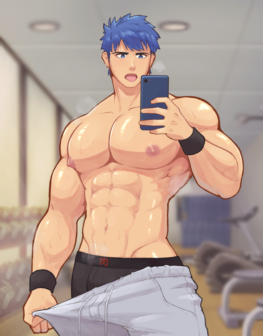 1boy abs absurdres bara blue_eyes blue_hair blue_male_underwear come_hither fire_emblem fire_emblem:_path_of_radiance grey_pants gym headband heavy_breathing highres holding holding_phone ike_(fire_emblem) indoors jon_(jonigiri) large_pectorals male_focus male_underwear male_underwear_peek muscular muscular_male nipples pants pectorals phone pulled_by_self selfie short_hair solo stomach sweat textless_version tongue tongue_out topless_male track_pants underwear undressing