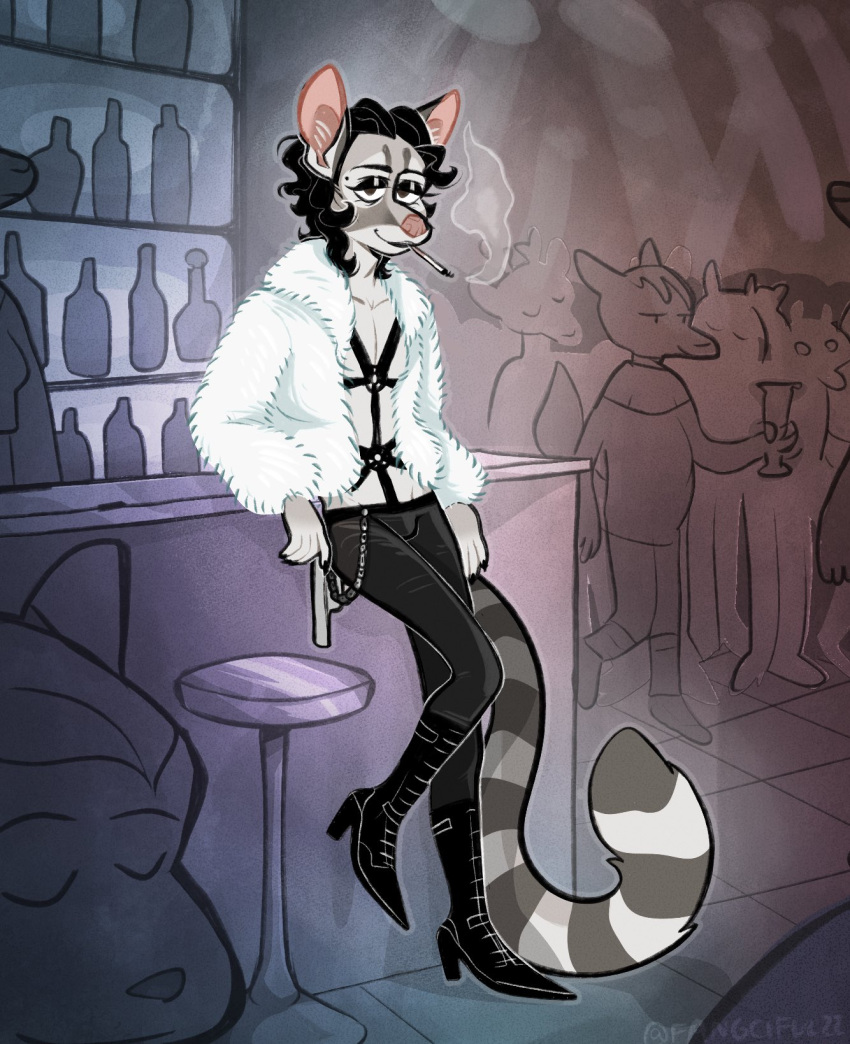 anthro bar black_hair body_harness boots bottomwear cigarette clothing denim denim_clothing finch_(fleetwoodbrak) fleetwoodbrak footwear fur fur_coat genet grey_body grey_fur hair half-closed_eyes harness hi_res jeans knee_boots knee_highs legwear lips male mammal markings narrowed_eyes pants ring_(marking) ringtail smile smoking smoking_tobacco solo_focus tail tail_markings thick_bottom_lip viverrid wallet_chain white_body white_fur