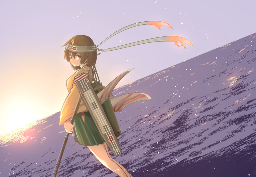 1girl blue_sky bow_(weapon) brown_hair cloud day feet_out_of_frame flight_deck green_hakama hakama hakama_short_skirt hakama_skirt headband hiryuu_(kancolle) hiryuu_kai_ni_(kancolle) horizon japanese_clothes kantai_collection looking_back ocean one_side_up outdoors quiver short_hair skirt sky solo sunrise tiger_(tiger-kimu) weapon