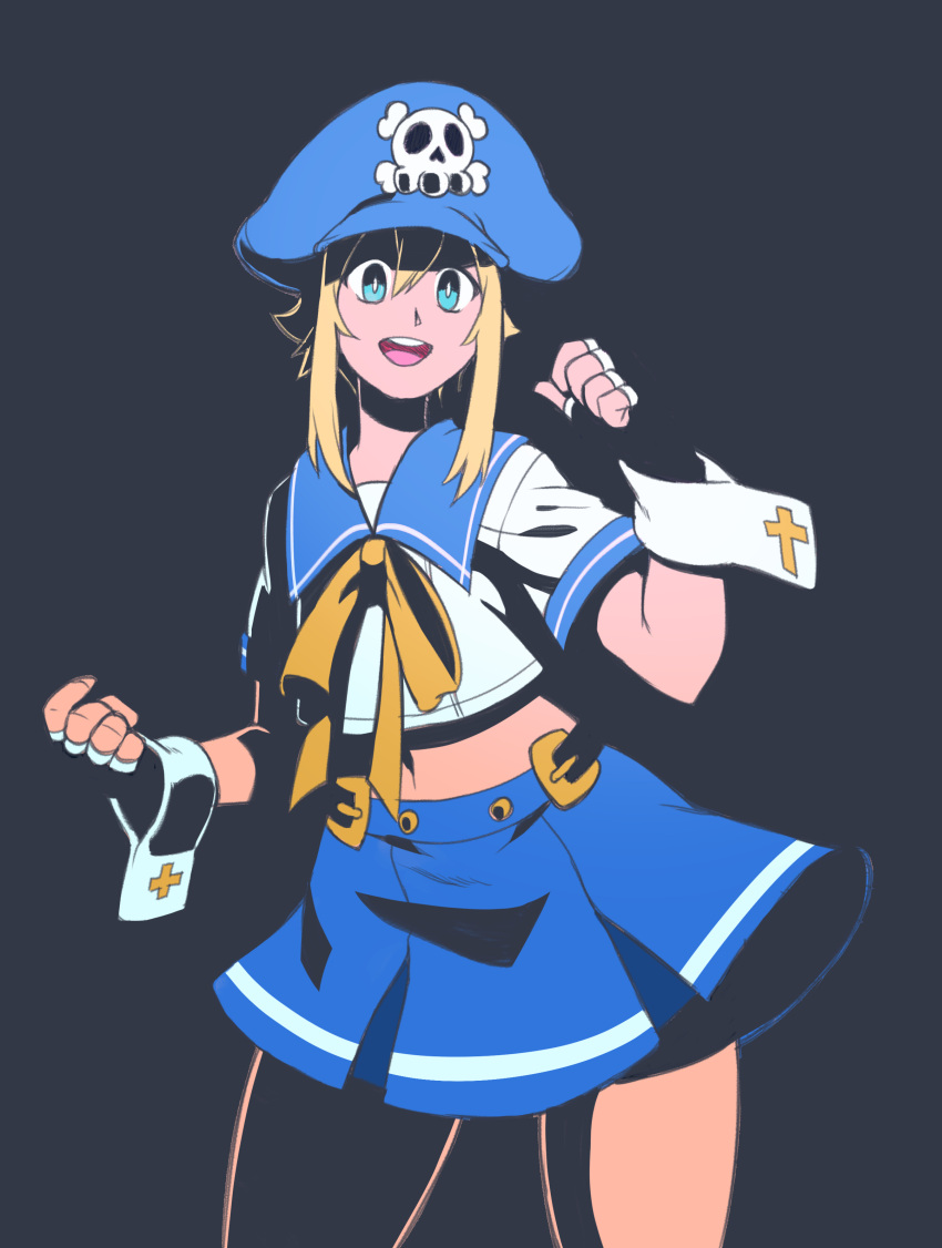 1boy absurdres alternate_costume black_gloves blonde_hair blue_eyes blue_headwear blue_skirt bridget_(guilty_gear) crossdressing cuffs fingerless_gloves gloves guilty_gear guilty_gear_xx hat highres kitsune23star looking_at_viewer male_focus open_mouth otoko_no_ko pirate_hat pleated_skirt ribbon short_hair short_hair_with_long_locks skirt skull_and_crossbones yellow_ribbon