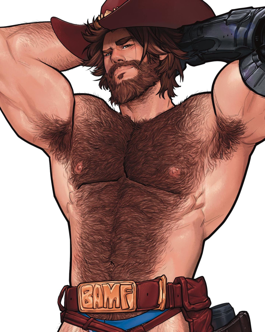 1boy abs arm_hair armpit_hair armpits arms_behind_head bara beard bikini_briefs blake_alexander blue_male_underwear brown_hair cassidy_(overwatch) chest_hair come_hither cowboy_hat facial_hair hairy hat highres large_pectorals leather_belt leg_hair looking_at_viewer male_focus male_underwear mature_male muscular muscular_male navel_hair neckbeard nipples overwatch pectorals presenting_armpit pubic_hair pubic_hair_peek seductive_smile short_hair smile solo stomach topless_male underwear underwear_only