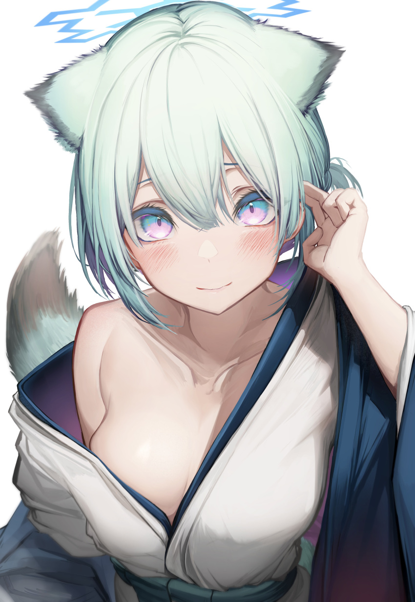 1girl absurdres animal_ears bangs blue_archive blush breasts closed_mouth collarbone commentary_request hair_between_eyes halo hand_up highres japanese_clothes kimono light_green_hair looking_at_viewer medium_breasts off_shoulder pink_eyes shigure_(blue_archive) short_hair simple_background smile solo tab_head tail upper_body weasel_ears weasel_tail white_background