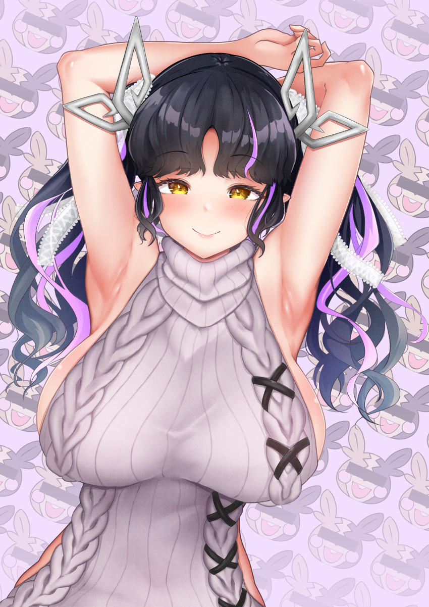 1girl 774_inc. absurdres alternate_breast_size aran_sweater armpits arms_up bangs black_hair blush breasts cable_knit censored closed_mouth commentary_request demon_girl demon_horns dress hair_ribbon halterneck highres horns huge_breasts identity_censor kojo_anna long_hair looking_at_viewer meme_attire morpeko morpeko_(full) multicolored_hair official_alternate_costume pointy_ears pokemon purple_hair ribbed_sweater ribbon robou_no_stone sideboob smile solo sweater sweater_dress turtleneck turtleneck_sweater twintails two-tone_hair upper_body virgin_killer_sweater virtual_youtuber white_ribbon yellow_eyes
