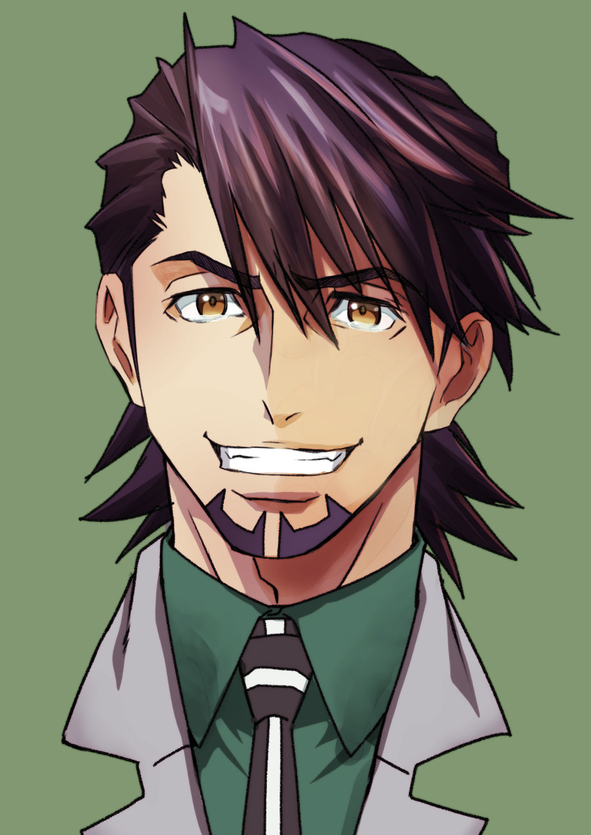 1girl bangs beard brown_eyes brown_hair collared_shirt facial_hair gomen_koumuru green_background green_shirt grin hair_between_eyes highres kaburagi_t._kotetsu looking_at_viewer portrait shirt short_hair simple_background smile solo tiger_&amp;_bunny wing_collar