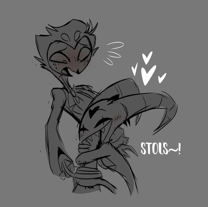 &lt;3 anthro avian bird blitzo_(helluva_boss) blush dialogue duo embrace eyes_closed formal_clothing formal_wear grey_background hair helluva_boss hi_res horn hug imp looking_down male owl owl_demon short_hair simple_background smile stolas_(helluva_boss) surprise surprised_expression teathekook text white_text