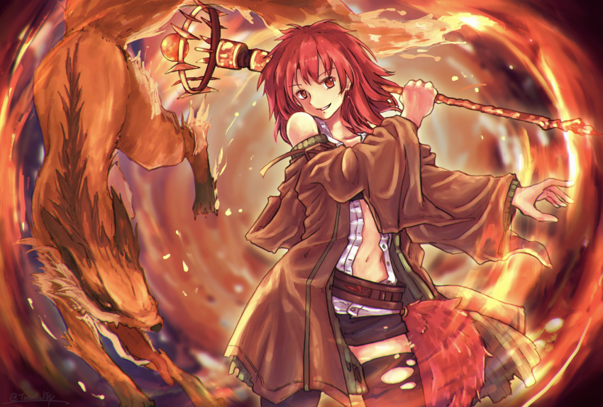 1girl absurdres bangs bare_shoulders duel_monster fire hand_up highres hiita_(yu-gi-oh!) hiita_the_fire_charmer himono_(twin_mentality) holding holding_staff inari_fire long_sleeves medium_hair navel open_clothes open_shirt parted_lips partially_unbuttoned pom_pom_(clothes) red_eyes red_hair solo staff thighhighs torn_clothes torn_thighhighs wide_sleeves yu-gi-oh!
