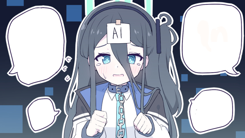 1girl aris_(blue_archive) blue_archive blue_eyes blue_hair blush chain chain_leash clenched_hands collar commentary_request dark_blue_hair hagoonha hair_between_eyes halo headband jacket korean_commentary leash looking_at_viewer open_mouth paper_on_head portrait simple_background solo tears