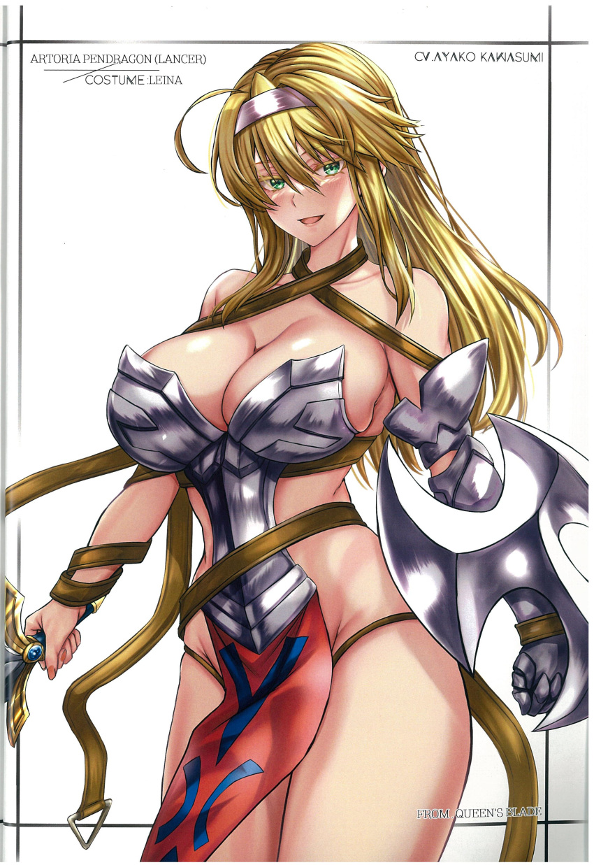 1girl absurdres ahoge armor artoria_pendragon_(fate) artoria_pendragon_(lancer)_(fate) bangs bare_shoulders blonde_hair blush breasts character_name cleavage collarbone copyright_name cosplay fate/grand_order fate_(series) fingernails gauntlets green_eyes hair_ornament hairband halterneck highres holding holding_sword holding_weapon kawasumi_ayako large_breasts leina_(queen's_blade) leina_(queen's_blade)_(cosplay) lips long_hair looking_at_viewer open_mouth pelvic_curtain queen's_blade scan shield shiny_skin simple_background single_gauntlet smile solo sword takecha thighs voice_actor_connection weapon white_background