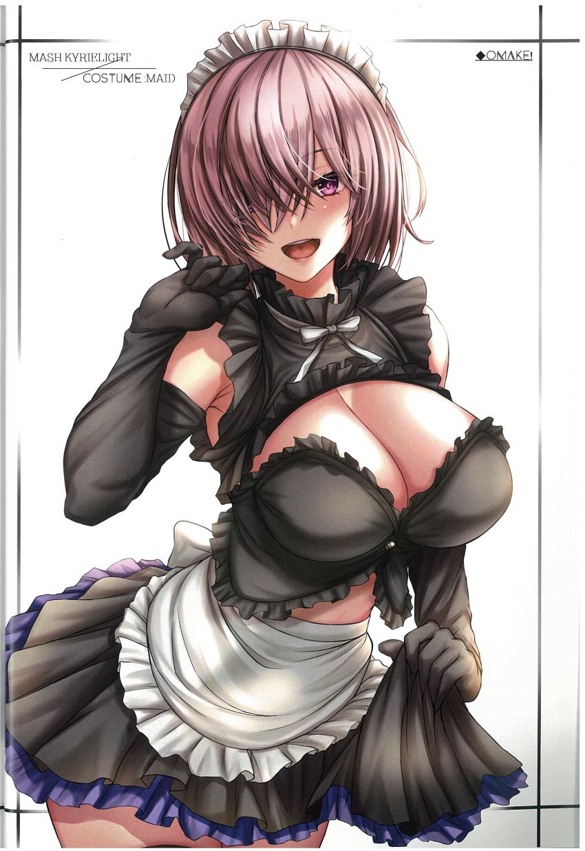 1girl absurdres apron bangs bare_shoulders breasts character_name cleavage copyright_name elbow_gloves fate/grand_order fate_(series) frills gloves hair_ornament hair_over_one_eye hand_up highres lips looking_at_viewer maid_headdress mash_kyrielight medium_breasts open_mouth pink_hair purple_eyes ribbon scan short_hair simple_background skirt skirt_hold sleeveless solo takecha teeth upper_teeth_only waist_apron white_background