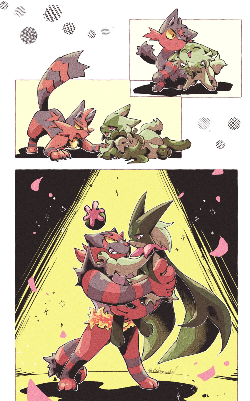 absurd_res age_progression ambiguous_gender anthro carrying_another duo felid feline feral floragato flower_petals generation_7_pokemon generation_9_pokemon growing_up hi_res incineroar litten mammal meowscarada nintendo pantherine petals pokemon pokemon_(species) shikigami621 sprigatito torracat