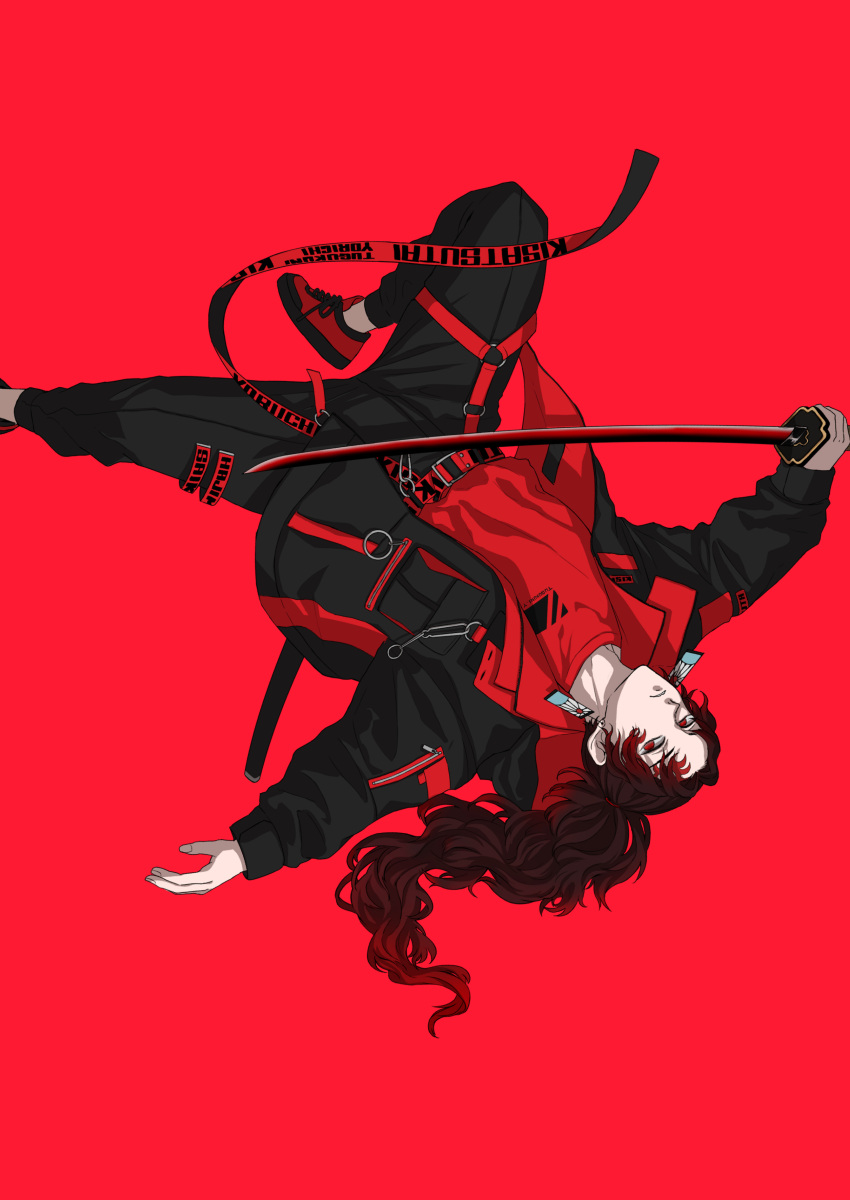 1boy absurdres alternate_costume black_jacket black_pants brown_hair character_name closed_mouth contemporary floating_hair forehead_scar frown gradient_hair hanafuda_earrings highres holding holding_sword holding_weapon jacket kake_hashi3 kimetsu_no_yaiba long_hair long_sleeves male_focus multicolored_hair open_clothes open_jacket pants ponytail red_background red_eyes red_footwear red_hair red_shirt shirt shoes simple_background sneakers solo sword tsugikuni_michikatsu upside-down very_long_hair weapon