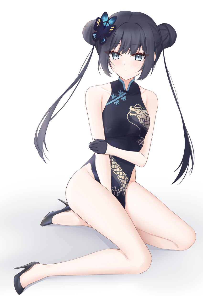1girl bare_shoulders black_dress black_footwear black_gloves black_hair blue_archive breasts butterfly_hair_ornament china_dress chinese_clothes closed_mouth double_bun dragon_print dress gloves gradient_background grey_background grey_eyes hair_bun hair_ornament highres kisaki_(blue_archive) legs long_hair looking_at_viewer nanzii_shengtu_a print_dress short_hair sitting sleeveless sleeveless_dress small_breasts solo thighs twintails white_background