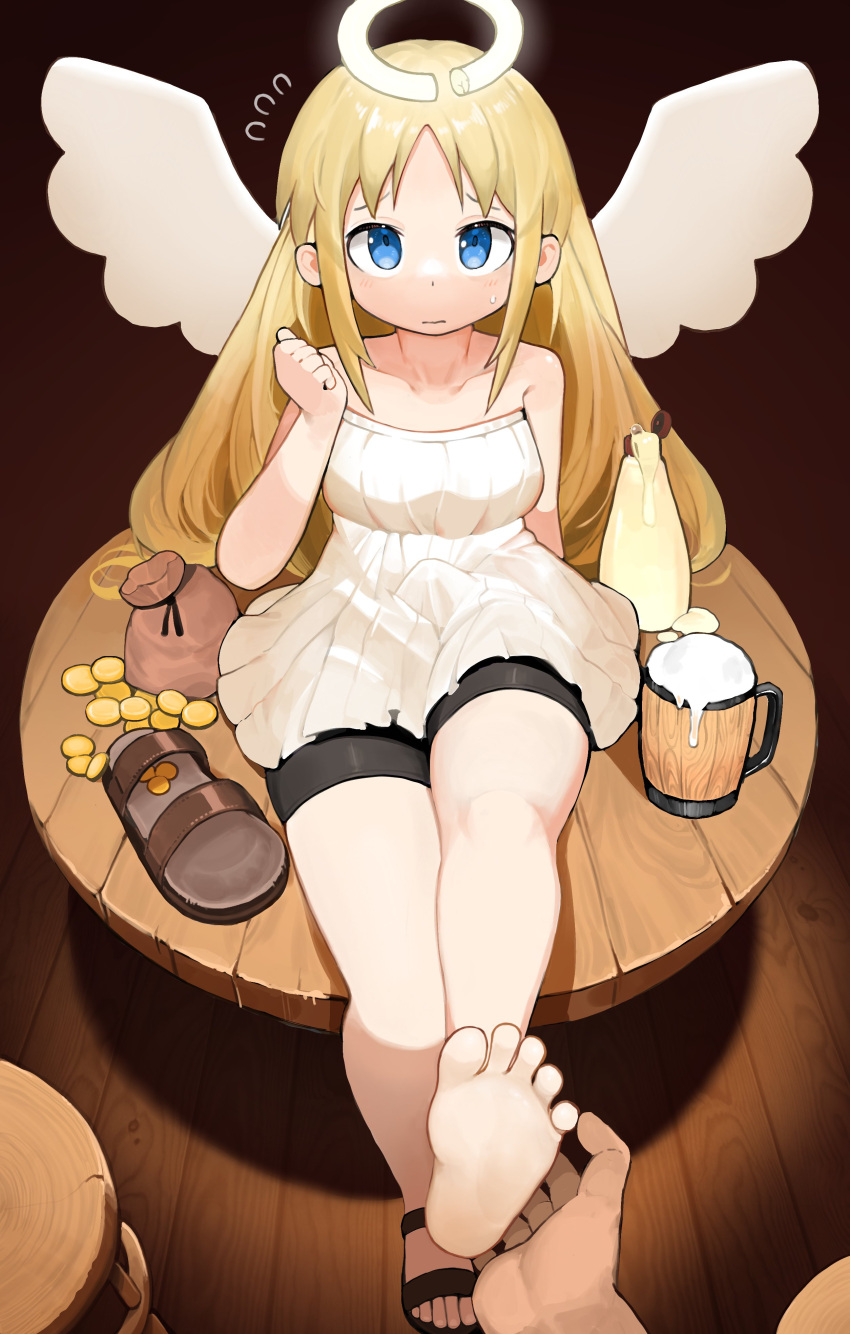 1boy 1other absurdres angel_wings bangs barefoot beer_mug bike_shorts black_shorts blonde_hair blue_eyes blush breasts brown_footwear bulge closed_mouth coin collarbone crimvael cup dress embarrassed erection erection_under_clothes feet foot_up full_body gold_coin halo hand_up highres ishuzoku_reviewers legs medium_breasts menthako mug parted_bangs pov sandals sandals_removed shadow shorts sidelocks single_sandal soles solo_focus sweatdrop table toenails toes white_dress wings wooden_floor wooden_stool