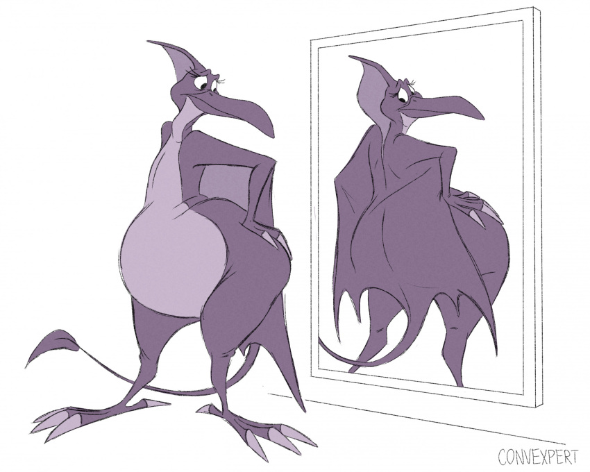 2023 anthro beak belly big_belly big_butt butt claws convexpert elsa_(we're_back!) female hand_on_butt hi_res looking_at_mirror looking_at_object looking_at_own_butt looking_at_self mirror mirror_reflection nude obese obese_anthro obese_female overweight overweight_anthro overweight_female pterodactylus pterosaur reflection reptile scales scalie signature solo standing toe_claws universal_studios we're_back!_a_dinosaur's_story wings worried