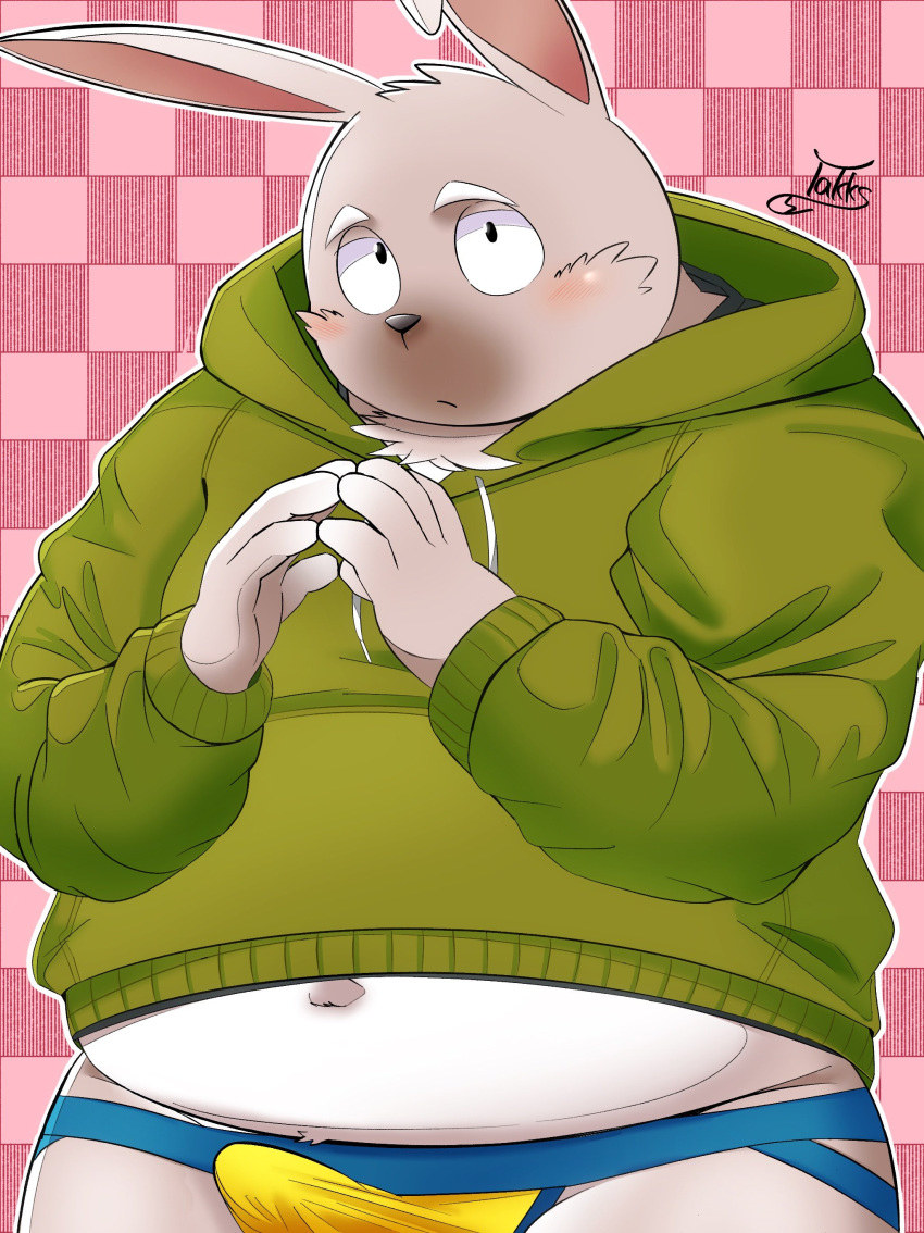 2023 absurd_res anthro belly big_belly blush clothed clothing erection erection_under_clothing hi_res hoodie humanoid_hands kemono lagomorph leporid male mammal navel overweight overweight_male rabbit solo takkusk topwear