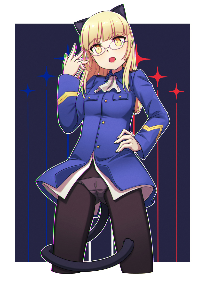 1girl absurdres animal_ears black_pantyhose blonde_hair blush breasts cameltoe cat_ears cat_tail dragoncastle glasses hand_on_hip highres long_hair looking_at_viewer military military_uniform neckerchief open_mouth panties panties_under_pantyhose pantyhose perrine_h._clostermann small_breasts solo strike_witches tail underwear uniform white_neckerchief white_panties world_witches_series yellow_eyes