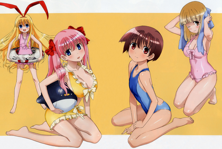 absurdres amae_koromo animal_ears arms_up bikini blonde_hair blue_eyes blush bow breasts brown_eyes brown_hair bunny_ears cleavage etopen flat_chest fukuji_mihoko hair_bow haramura_nodoka highres innertube kneeling large_breasts long_hair miyanaga_saki multiple_girls non-web_source one_eye_closed open_mouth pink_hair red_eyes saki short_hair swimsuit towel twintails very_long_hair