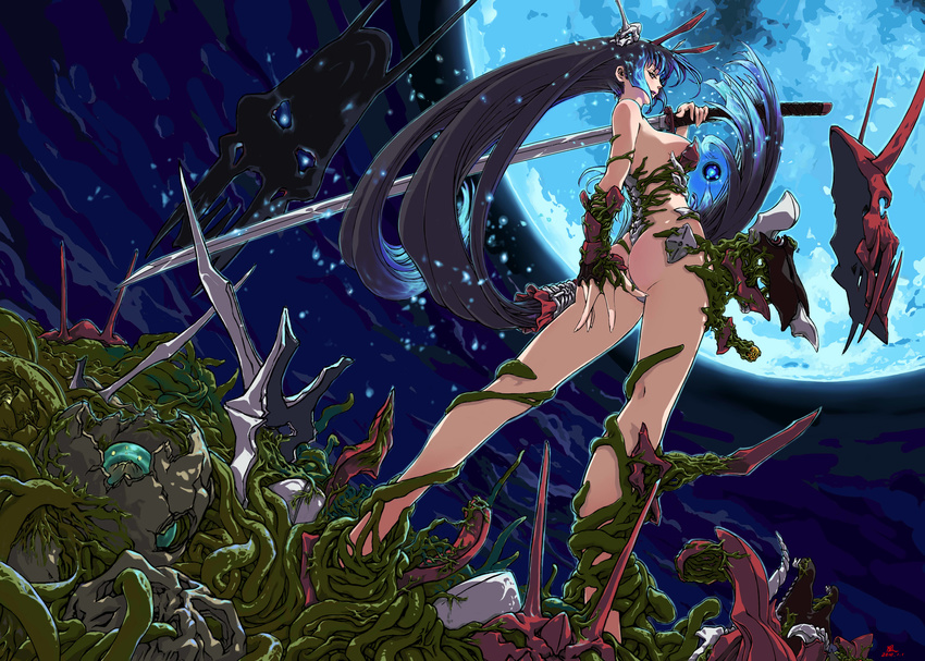 absurdres animal_ears arm_guards armor ass bangs bare_shoulders between_buttocks black_hair breasts cleavage cloud cloudy_sky from_behind from_below gauntlets glowing half-closed_eyes highres holding holding_sword holding_weapon jian_huang katana large_breasts legs_apart light_particles long_hair looking_back low-tied_long_hair mecha_musume moon night night_sky outdoors over_shoulder parted_lips persoenlichkeit personification profile revealing_clothes sideboob sky solo standing super_robot_wars sword unsheathed very_long_hair weapon weapon_over_shoulder
