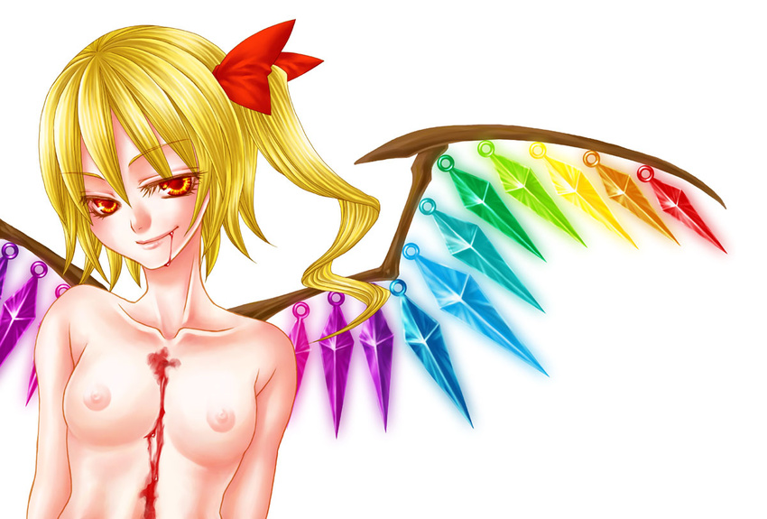 bad_id bad_pixiv_id blonde_hair blood blood_on_face blood_stain breasts collarbone crystal fang flandre_scarlet glowing glowing_eyes hair_ribbon natsumoto nipples rainbow_order red_eyes ribbon short_hair side_ponytail simple_background small_breasts smile smirk solo topless touhou white_background wings