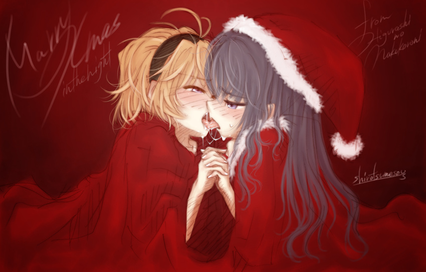 blonde_hair blue_hair blush christmas french_kiss furude_rika hairband hat higurashi_no_naku_koro_ni holding_hands houjou_satoko kiss long_hair messy_hair multiple_girls purple_eyes ryou_(shirotsumesou) saliva santa_hat short_hair tongue yuri