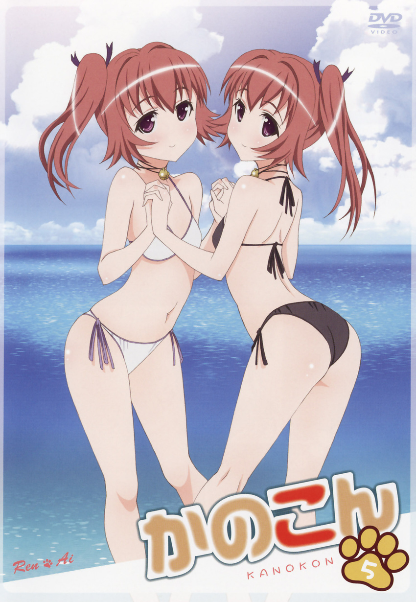 ass bell bikini cloud cover day dvd_cover flat_chest highres jingle_bell kanokon long_hair multiple_girls nanao_ai nanao_ren navel no_nose ocean outdoors ponytail purple_eyes siblings side-tie_bikini side_ponytail sky swimsuit takami_akio twins water