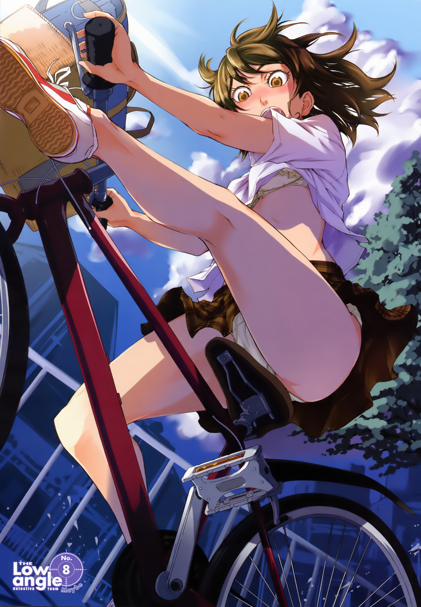 absurdres artbook artist_name bag bare_legs basket bicycle bicycle_basket blouse blue_sky bra brown_eyes brown_hair city cloud day floating_hair from_below ground_vehicle highres kneepits legs lingerie looking_at_viewer looking_down maybe midriff miniskirt open_mouth original outdoors outstretched_leg panties pantyshot pantyshot_(sitting) plaid plaid_skirt railing riding school_bag shoe_soles shoes short_sleeves sitting skirt sky sneakers solo sunlight tree underwear upshirt upskirt white_blouse white_bra white_panties wind wind_lift yellow_eyes