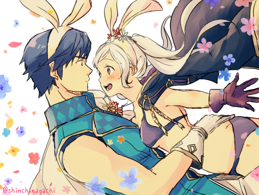 1boy 1girl animal_ears bikini blue_eyes blue_hair blush bunny_ears cape female_my_unit_(fire_emblem:_kakusei) fire_emblem fire_emblem:_kakusei fire_emblem_heroes gloves highres hug krom long_hair mamkute my_unit_(fire_emblem:_kakusei) nintendo nishimura_(nianiamu) open_mouth robe short_hair smile swimsuit tiara twintails very_long_hair weapon white_hair yellow_eyes