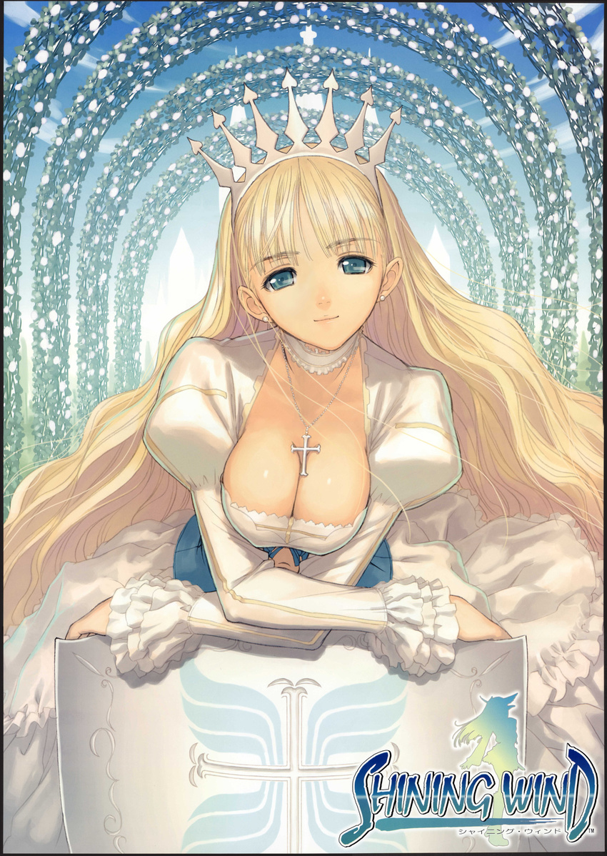 absurdres blonde_hair blue_eyes breast_squeeze breasts clalaclan_philias cleavage cross crown earrings highres jewelry large_breasts long_hair necklace shield shining_(series) shining_wind solo tanaka_takayuki very_long_hair