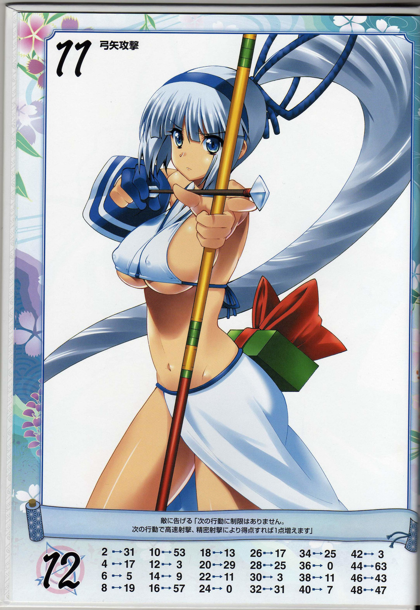 absurdres aiming arrow attack blue_eyes bow_(weapon) breasts cleavage drawing_bow gloves highres holding holding_arrow holding_bow_(weapon) holding_weapon large_breasts majikina_mina navel outstretched_arm ponytail queen's_blade queen's_gate samurai_spirits shinozuka_atsuto shiny shiny_skin sideboob skindentation snk solo underboob weapon white_hair