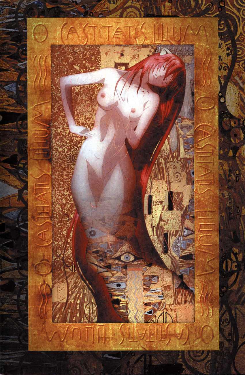 breasts closed_eyes elfen_lied eyes fine_art_parody groin gustav_klimt hand_on_own_chest head_tilt highres horns long_hair lucy medium_breasts navel nipples nude official_art parody pose red_hair scan scan_artifacts solo very_long_hair