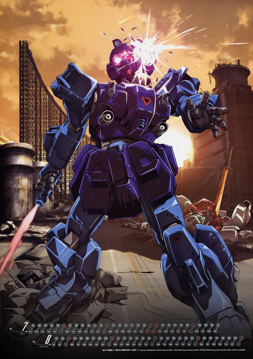 absurdres airport artist_name assault_visor battle beam_saber blue_destiny_01 calendar_(medium) character_name collateral_damage damaged energy_sword gm_command green_visor gundam gundam_side_story:_the_blue_destiny headshot highres mecha mecha_focus naka_morifumi no_humans red_visor robot science_fiction sword war weapon