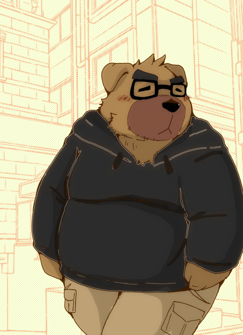 2023 aggressive_retsuko anthro belly big_belly blush bottomwear brown_body canid canine canis clothing dokachin domestic_dog eyewear glasses hi_res hoodie kemono male mammal overweight overweight_male pants sanrio snow_utamaru solo topwear