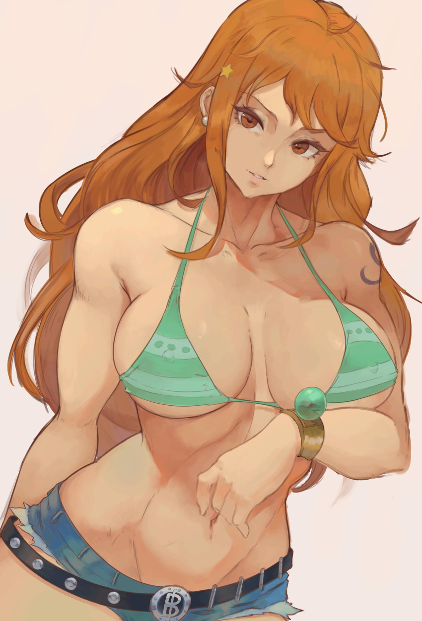 1girl absurdres alterlesott bare_shoulders belt bikini bikini_top_only blush breasts brown_eyes earrings highres jewelry large_breasts long_hair looking_at_viewer nami_(one_piece) navel one_piece orange_hair short_shorts shorts solo swimsuit tattoo