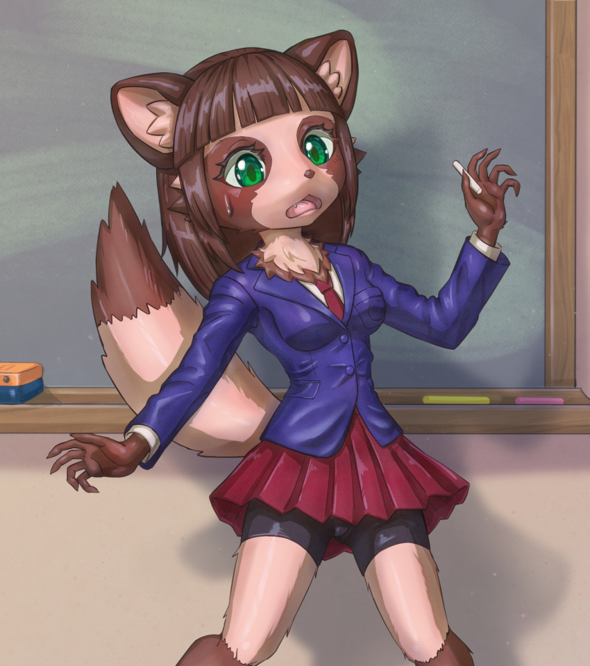 anthro black_bottomwear black_clothing black_shorts blue_clothing blue_shirt blue_topwear blush bodily_fluids bottomwear breasts brown_body brown_fur brown_hair canid canine chalk chalkboard clothed clothing digital_media_(artwork) female fur green_eyes hair hi_res inner_ear_fluff mammal necktie nonnoko_nonko raccoon_dog red_bottomwear red_clothing red_necktie red_skirt school_uniform shirt shorts skirt solo student sweat tanuki topwear tuft uniform