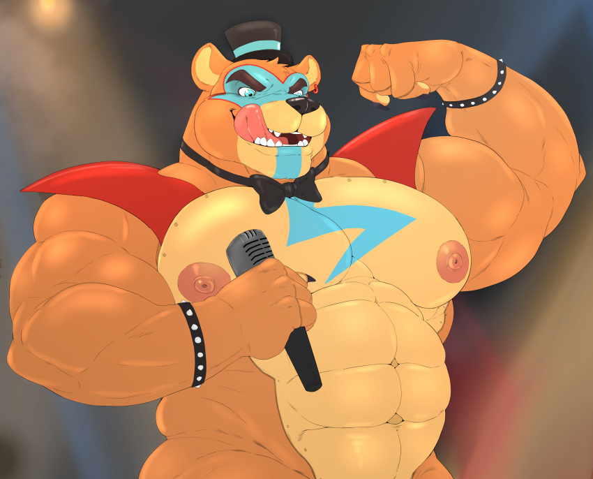 anthro barazoku bear big_nipples bodypaint bow_tie duo face_paint five_nights_at_freddy's five_nights_at_freddy's:_security_breach glamrock_freddy_(fnaf) hi_res himbo male mammal mature_male musclegut muscular nipples pecs scottgames solo steel_wool_studios taighet_28 tongue tongue_out