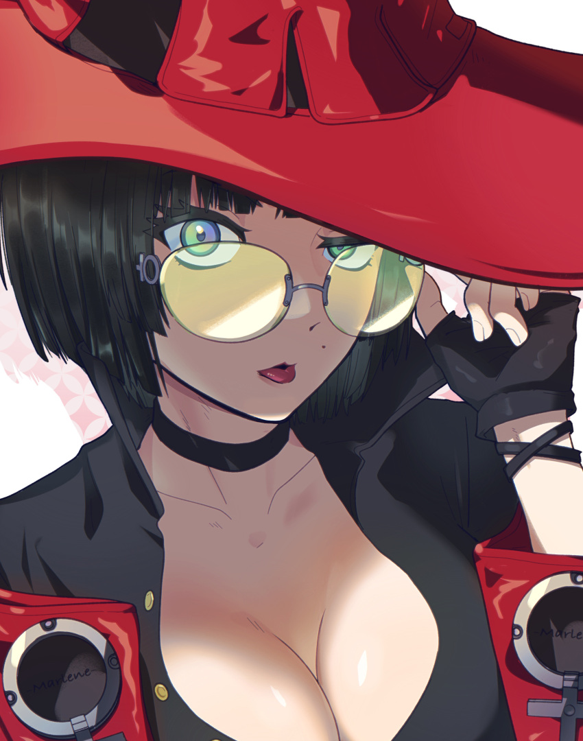 1girl absurdres adjusting_eyewear bbhdrrr black_choker black_gloves black_hair blue_eyes breasts choker cleavage fingerless_gloves glasses gloves green-tinted_eyewear green_eyes guilty_gear guilty_gear_strive hat hat_over_one_eye heterochromia highres holding i-no jacket large_breasts lips looking_at_viewer looking_over_eyewear mole mole_above_mouth mole_under_eye parted_lips partially_unbuttoned red_jacket red_lips rimless_eyewear short_hair solo sunglasses tinted_eyewear upper_body venus_symbol witch_hat