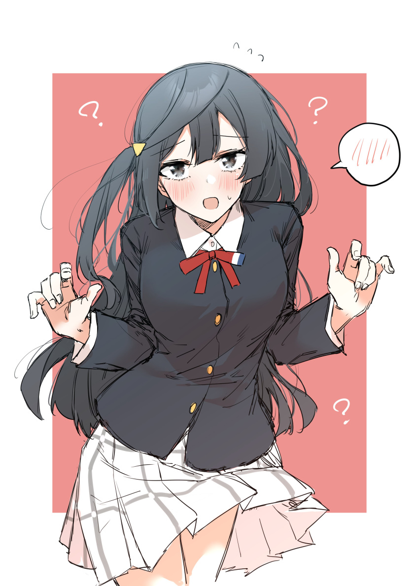 1girl ? absurdres bangs black_hair blush breasts commentary grey_eyes highres long_hair looking_at_viewer love_live! love_live!_nijigasaki_high_school_idol_club medium_breasts nijigasaki_academy_school_uniform one_side_up scanning school_uniform sidelocks solo speech_bubble upper_body yuuki_setsuna_(love_live!)