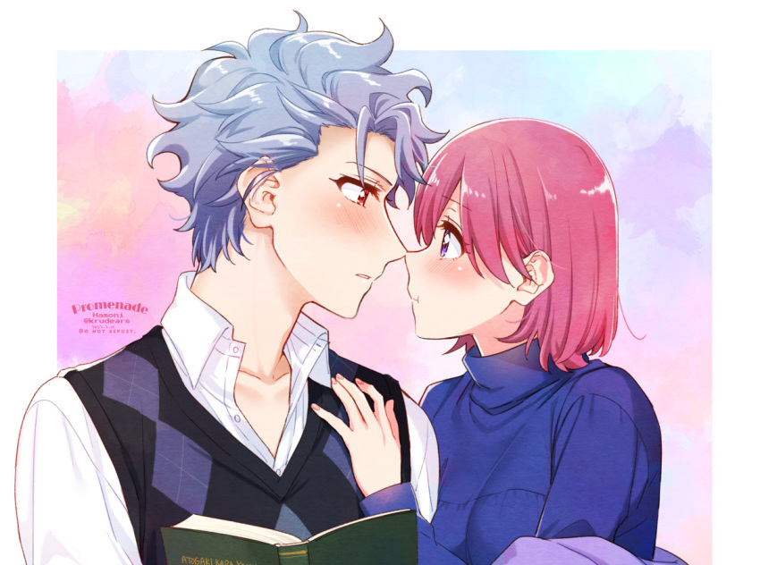 1boy 1girl argyle argyle_sweater artist_name bangs blue_sweater blush bob_cut book border breasts collared_shirt grey_hair hand_on_another's_chest holding holding_book imminent_kiss krudears looking_at_another medium_breasts noses_touching parted_lips pink_hair profile protagonist_(tokimemo_gs3) purple_eyes red_eyes shirt shitara_seiji short_hair sweater sweater_vest tokimeki_memorial tokimeki_memorial_girl's_side_3rd_story turtleneck turtleneck_sweater twitter_username upper_body white_border white_shirt